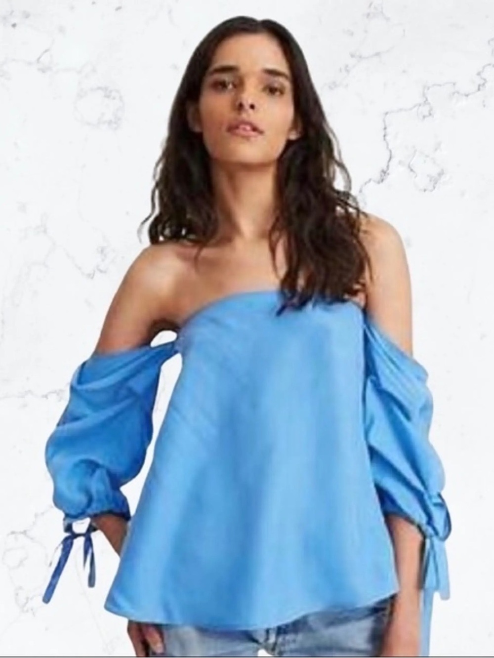 Club Monaco Silk Blue Off-Shoulder Puff Sleeve Blouse
